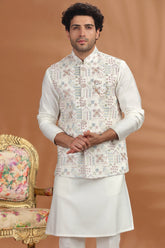 Cream Silk Embroidered Kurta Pajama with Jacket